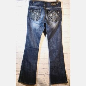 Cello Jeans Size 7 Studded Embellished Leather Trim Pockets Blue Denim Y2K Biker